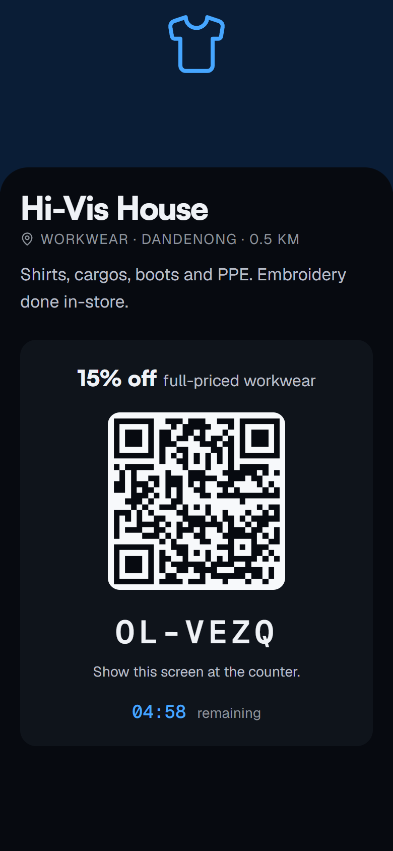 Unlocked code screen with a QR code, a short code and a five-minute countdown