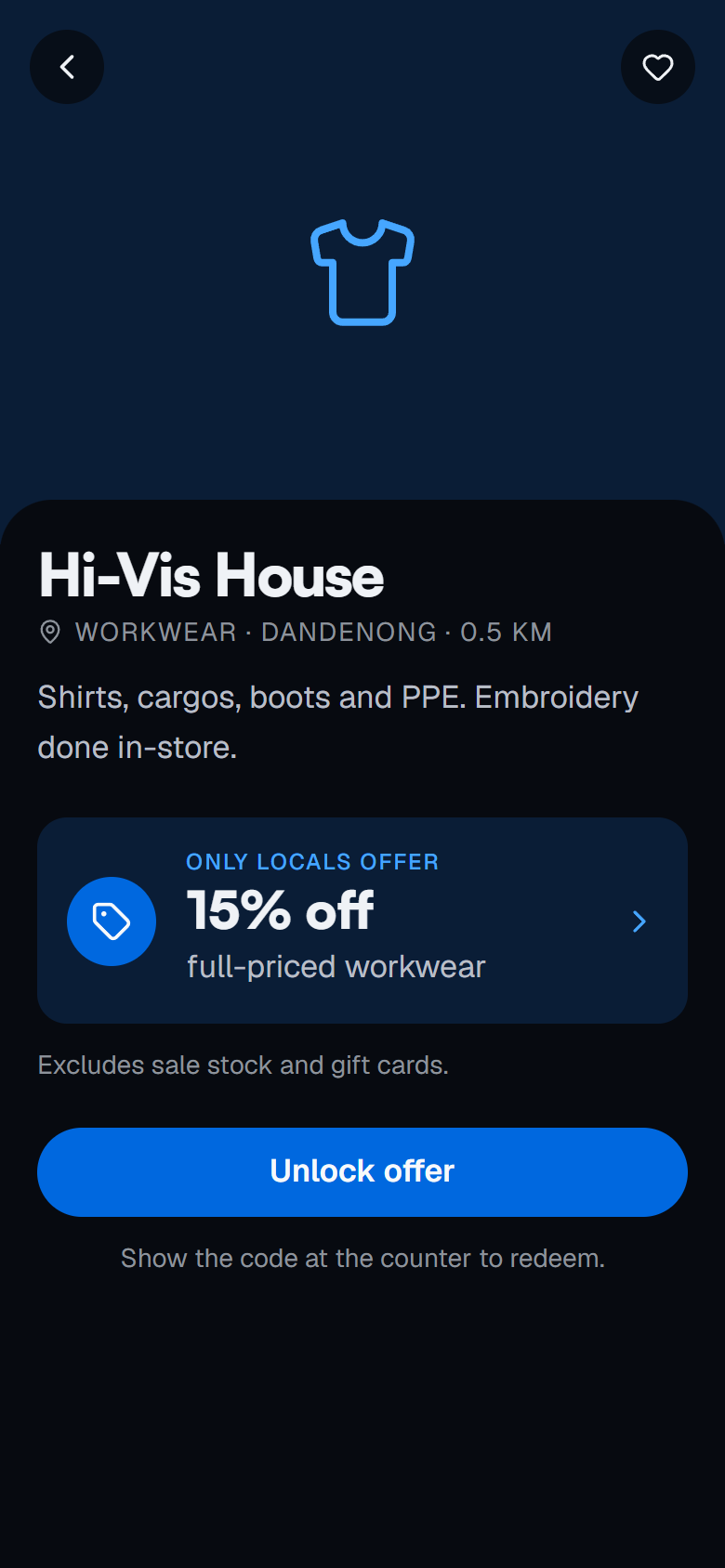 Offer screen for a coffee spot showing 20% off and an Unlock offer button